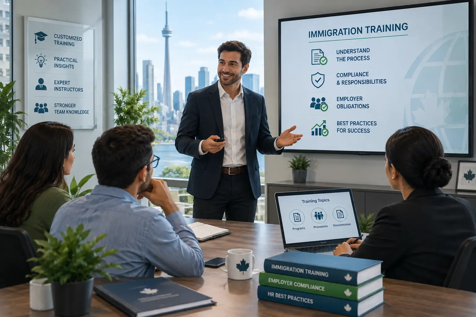 Illustration representing professional immigration training sessions for HR and management